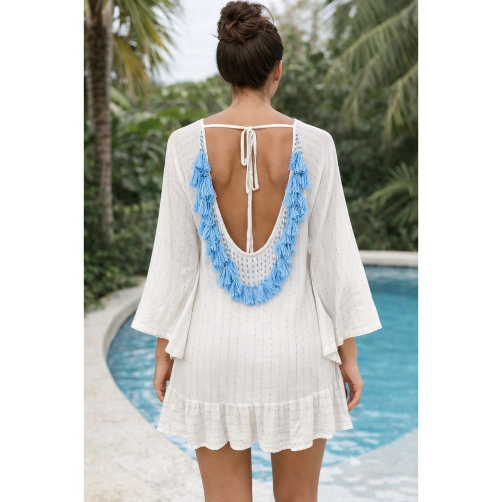 Sundress Indiana White Sequin Turquoise Beaded Tassels Swim Cover-Up Mini Dress